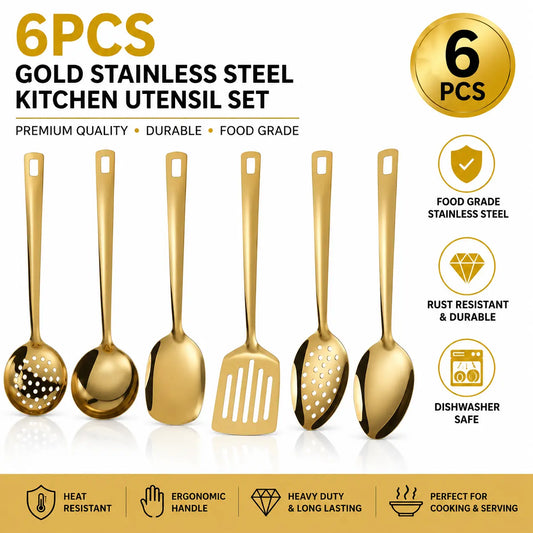 6PCS Gold Stainless Steel Kitchen Utensil Set - Heavy Duty Food Grade Tools: Cooking Spoon, Soup Ladle, Slotted Spoon, Turner for Kitchen Use