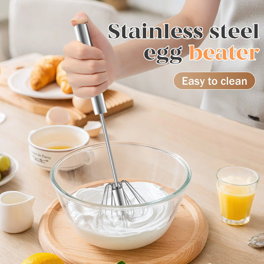 AA Stainless Steel Hand-Push Spinning Wire Whisk - Food-Grade Rust-Resistant Kitchen Cooking Accessory, Sturdy Riveted Construction, Semi-Automatic Design for Stirring Coffee, Egg Tasks, Easy to Clean
