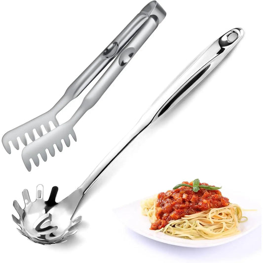 Spaghetti Spoon and Spaghetti Tong 2- Set, 13-Inch Non-Stick Spaghetti Fork and 11.4-Inch Kitchen Tong, Easy Storage and Cleanup,  Design, Stainless Steel