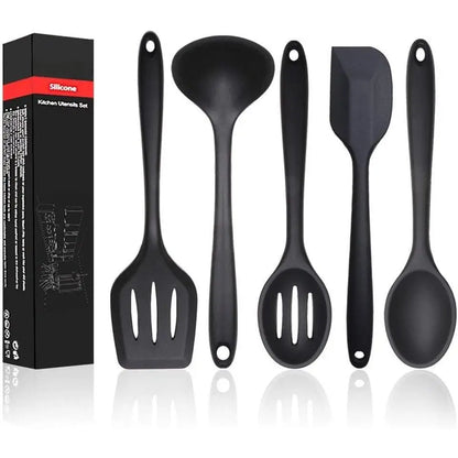 Silicone Kitchen Utensils Set, 5 count Heat Resistant Non Stick Cooking Tools, Silicone Spatula/Turner/Serving Spoon/Soup Ladle/Slotted Spoon, for Home and Camping