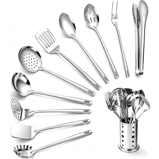 Kitchen Utensils Set, 11pcs Stainless Steel Cooking Utensils with Holder – Turners, Potato Masher, Spatula, Spoons, Pasta Server, Tongs, Soup Ladle, Serving SpoonGift