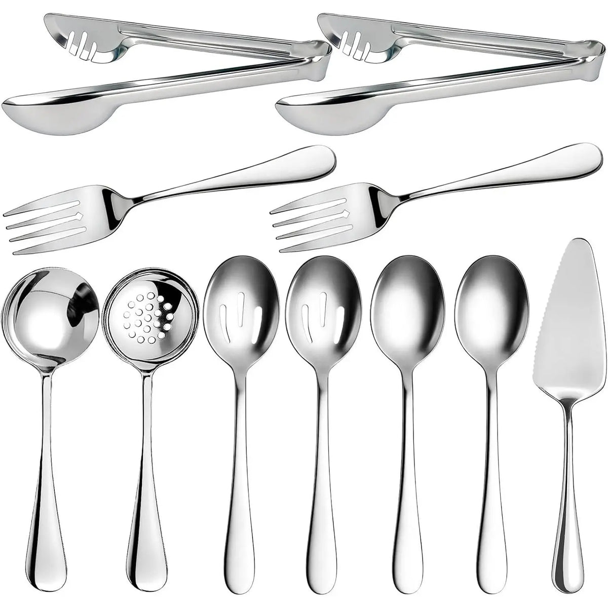 11 PCS Gold Large Stainless Steel Serving Utensils Set, Including Spoons, Slotted Spoons, Forks, Tongs, Soup Ladle and Cake Server, Perfect for Buffet, Party, Catering