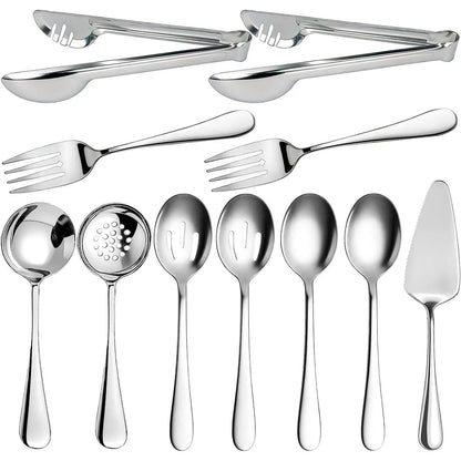 11 PCS Gold Large Stainless Steel Serving Utensils Set, Including Spoons, Slotted Spoons, Forks, Tongs, Soup Ladle and Cake Server, Perfect for Buffet, Party, Catering