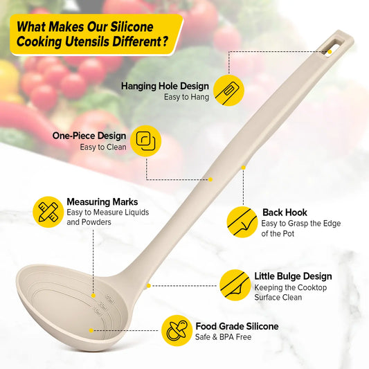 BUNDLEPRO 2-Piece Hanging Silicone Kitchen Utensil Functional Set - 40ml Pasta Fork, Soup Spoon with Measurement Lines, Pot-Safe Soft Head, Heat-Resistant Non-Stick Tools, Back Hooks for Cooking, Serving