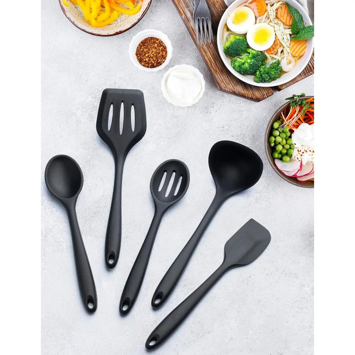Silicone Kitchen Utensils Set, 5 count Heat Resistant Non Stick Cooking Tools, Silicone Spatula/Turner/Serving Spoon/Soup Ladle/Slotted Spoon, for Home and Camping