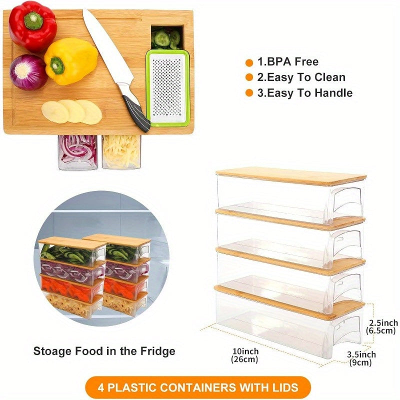 One Durable Bamboo Cutting Board Featuring Four Drawers Or Two Stainless Steel Trays, Designed with a Food Sliding Opening. This Carving Board Comes with Trays for Food Storage, Transport, And Easy Cleanup, Making It an Ideal Christmas Gift