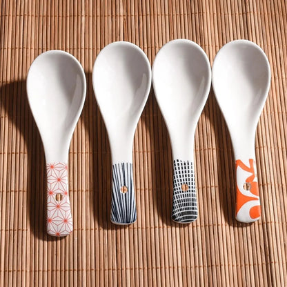Japanese Ceramic Soup Spoon Set of 4, 5.66‘’ Retro Geometric Spoons | Cute Asian Porcelain Spoons for Soup, Pho, Miso or Rice. Durable Kitchen Tableware, Dishwasher safe