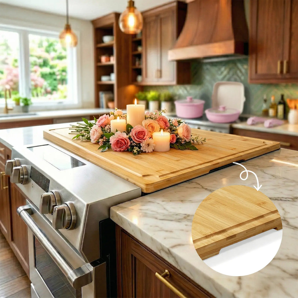 Kikcoin Multi-Size Bamboo Chopping Board (2XL/4XL/5XL Extra Large) - Stovetop Cover, Handle Carry Tray, Juice Groove, Stainresist Wash, Cooking Prep Kitchenware, Knives Friendly, 4XL:30"L*20"W, Vegetable Oil Compatible