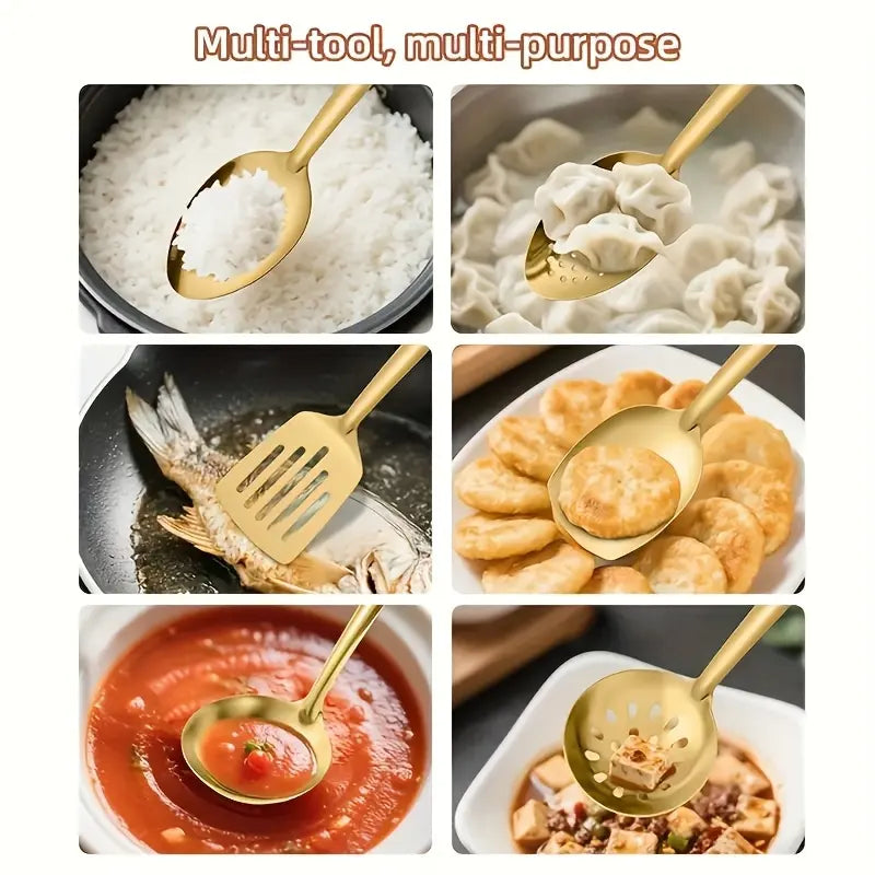 6-Pieces Korean-Style Gold-Plated Stainless Steel Kitchen Utensil Set - Thick Kitchen Tools with Slotted Tips, Spatula, Slotted Spoon, Soup Ladle, Food Tongs for Home Cooking