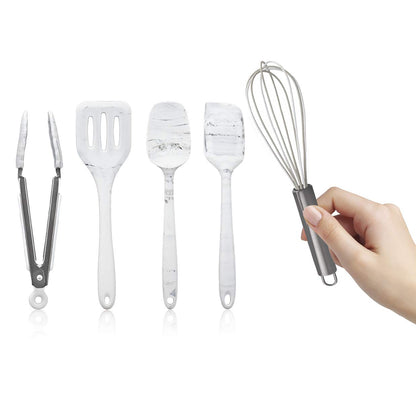COOK WITH COLOR Silicone Cooking Utensils, Kitchen Utensil Set, Easy to Clean Silicone Kitchen Utensils, Cooking Utensils for Nonstick Cookware, Kitchen Gadgets Set, Mini, Marble White