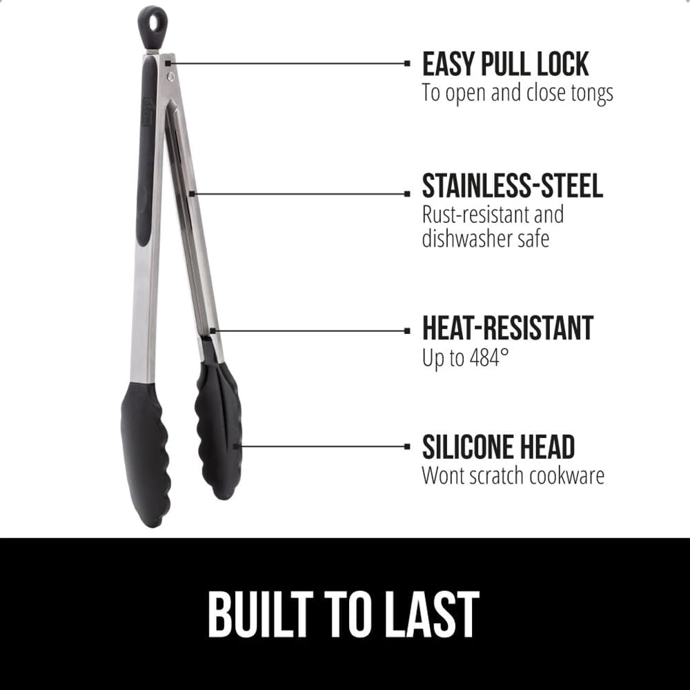 GORILLA GRIP Stainless Steel Kitchen Tongs for Cooking, 2 PK, Black