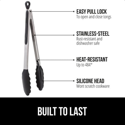GORILLA GRIP Stainless Steel Kitchen Tongs for Cooking, 2 PK, Black
