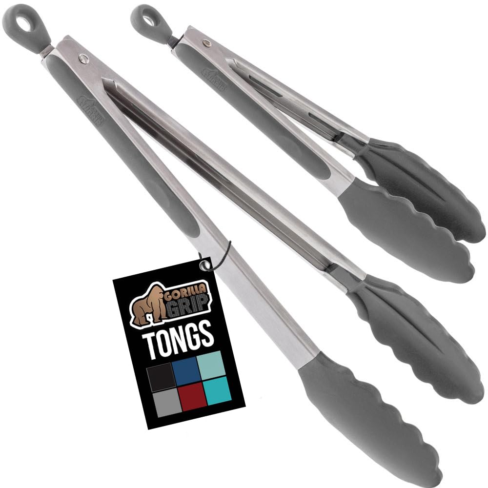 GORILLA GRIP Stainless Steel Kitchen Tongs for Cooking, 2 PK, Black