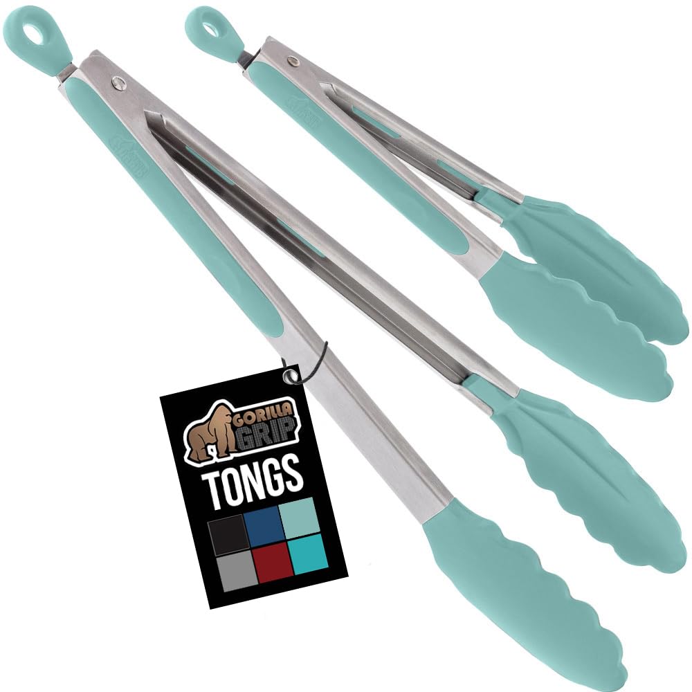GORILLA GRIP Stainless Steel Kitchen Tongs for Cooking, 2 PK, Black