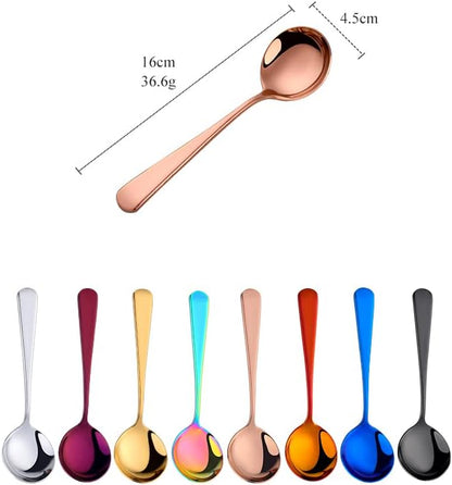 Broth Round Spoon Set, 8-Piece Reusable Stainless Steel Dinner Table Cereal Soup Spoon, Camping Ramen Spoons