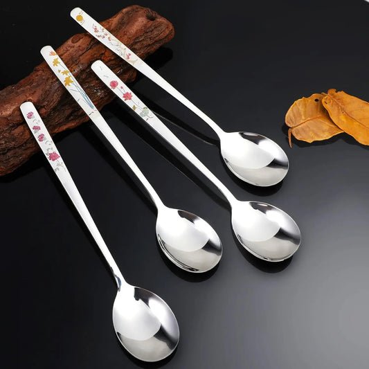 4 count Korean Spoons with Long Handles 18/8 Stainless Steel Korean Soup Spoon   Soup Spoon for Dinner Rice Coffee Desserts Ice Cream Dishwasher Safe(8 Inch)