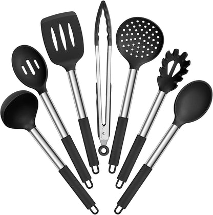E-far Silicone Cooking Utensils Set, 7-Piece Black Kitchen Utensils Set
