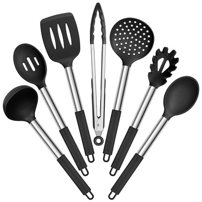 E-far Silicone Cooking Utensils Set, 7-Piece Black Kitchen Utensils Set