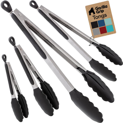 GORILLA GRIP Stainless Steel Kitchen Tongs for Cooking, 2 PK, Black