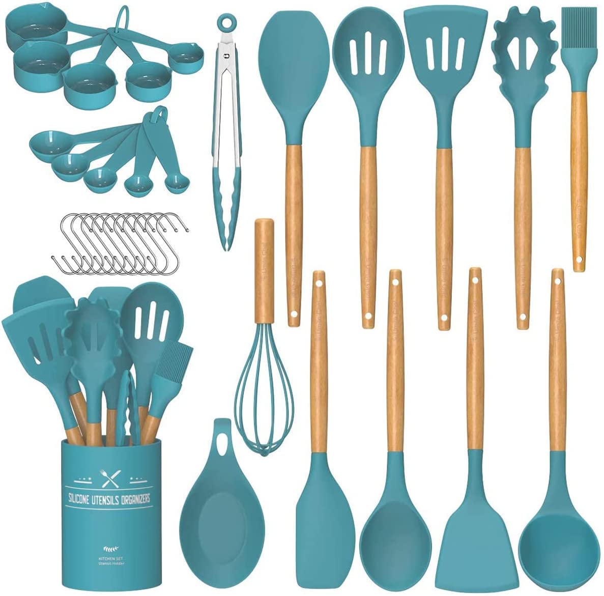 Umite Chef Kitchen Cooking Utensils Set, 33 pcs Non-Stick Silicone Cooking Kitchen Spatula Set with Holder, Wooden Handle Silicone Kitchen Gadgets Utensil Set (Black)