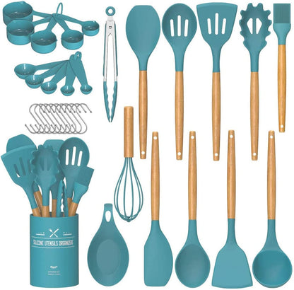 Umite Chef Kitchen Cooking Utensils Set, 33 pcs Non-Stick Silicone Cooking Kitchen Spatula Set with Holder, Wooden Handle Silicone Kitchen Gadgets Utensil Set (Black)