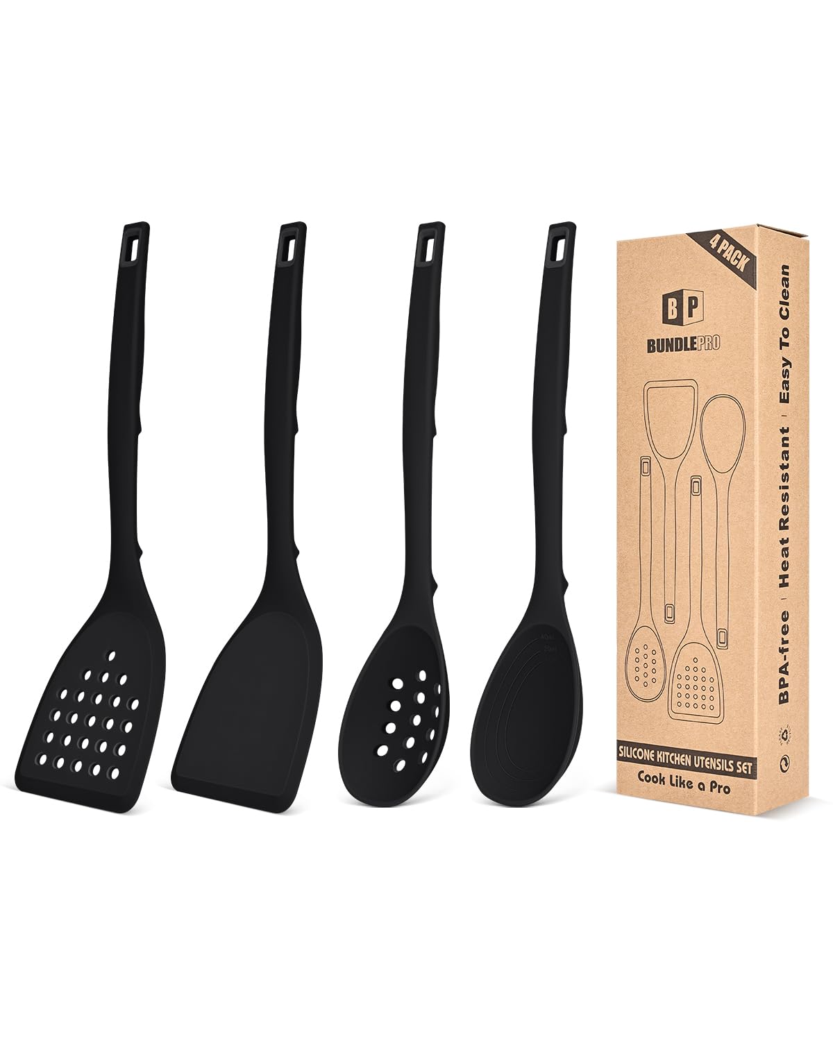 BUNDLEPRO Silicone Cooking Utensils Set, 4 Pcs Spatula and Spoon Set, Khaki