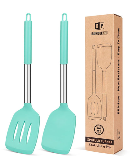 Pack of 2 Silicone Solid Turner, Non Stick Slotted Kitchen Spatulas, High Heat Resistant BPA Free Cooking Utensils, Ideal Cookware for Fish, Eggs, Pancakes(Black)
