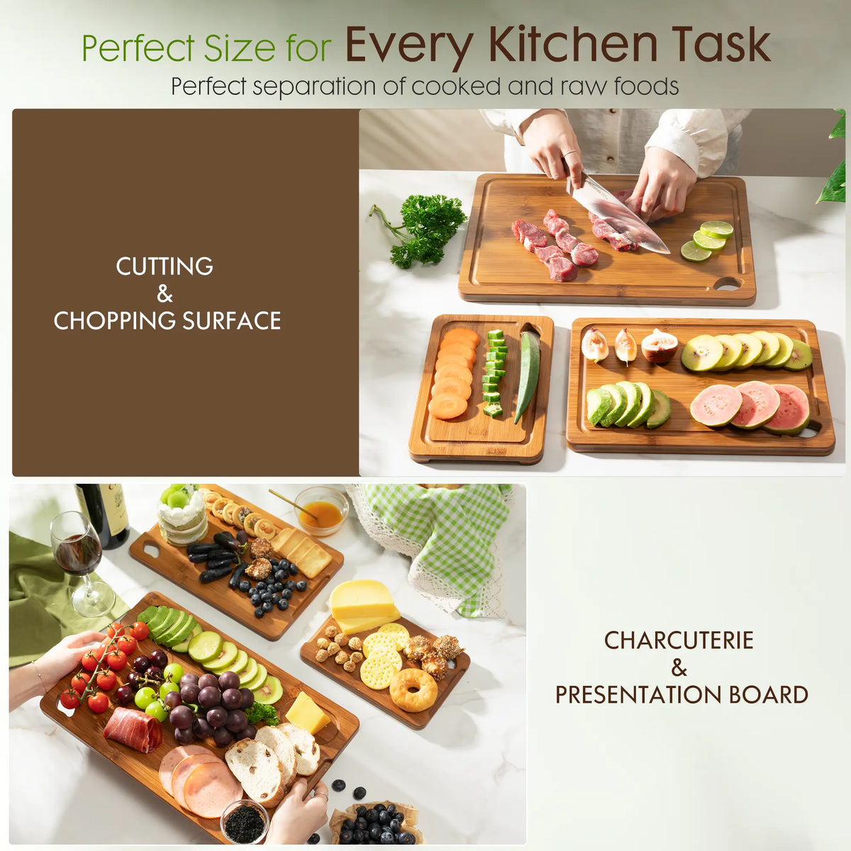 Astercook 4-Piece Multi-Size Grooved Charcoal Bamboo Chopping Board Set with Holder, 4.7lb Eco-Friendly Durable Cutting Boards, 3 Sizes for Tasks, Holder Keeps Tidy, Ideal for Vegetable Chopping Blocks, Fruits, Meats