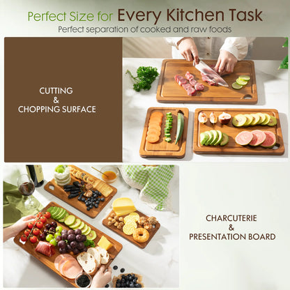 Astercook 4-Piece Multi-Size Grooved Charcoal Bamboo Chopping Board Set with Holder, 4.7lb Eco-Friendly Durable Cutting Boards, 3 Sizes for Tasks, Holder Keeps Tidy, Ideal for Vegetable Chopping Blocks, Fruits, Meats