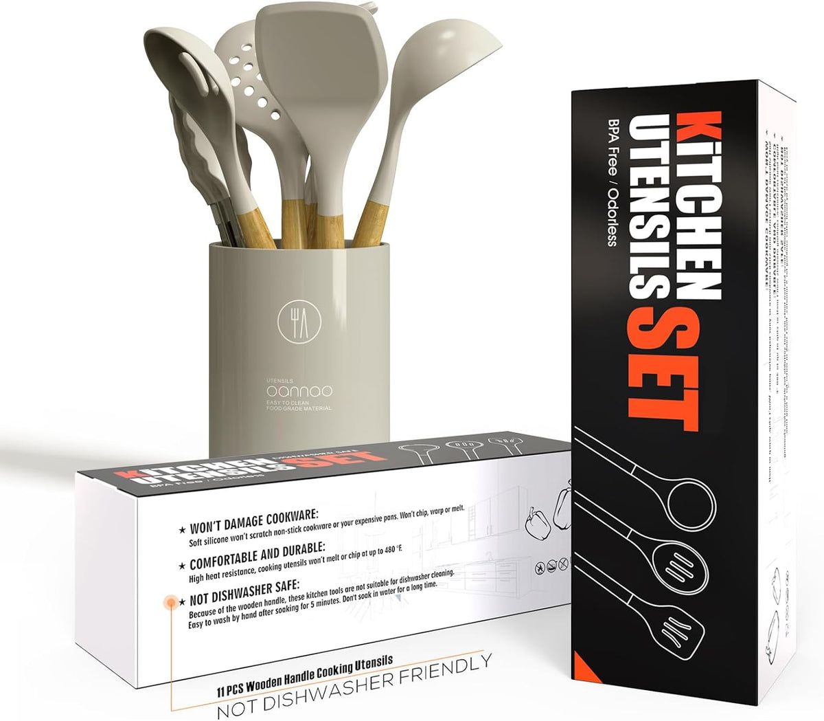 oannao Silicone Cooking Utensils Set - 446°F Heat Resistant Silicone Kitchen Utensils for Cooking,Kitchen Utensil Spatula Set w Wooden Handles, BPA FREE Gadgets for Non-Stick Cookware (Khaki)