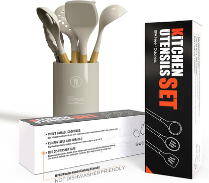 oannao Silicone Cooking Utensils Set - 446°F Heat Resistant Silicone Kitchen Utensils for Cooking,Kitchen Utensil Spatula Set w Wooden Handles, BPA FREE Gadgets for Non-Stick Cookware (Khaki)