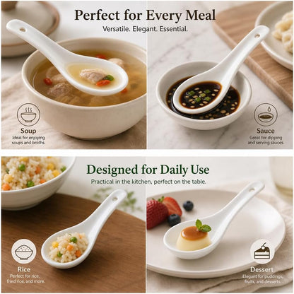 Soup Spoons Set of 6, Asian Ceramic Ramen Spoons 5", Pho Miso Wonton
