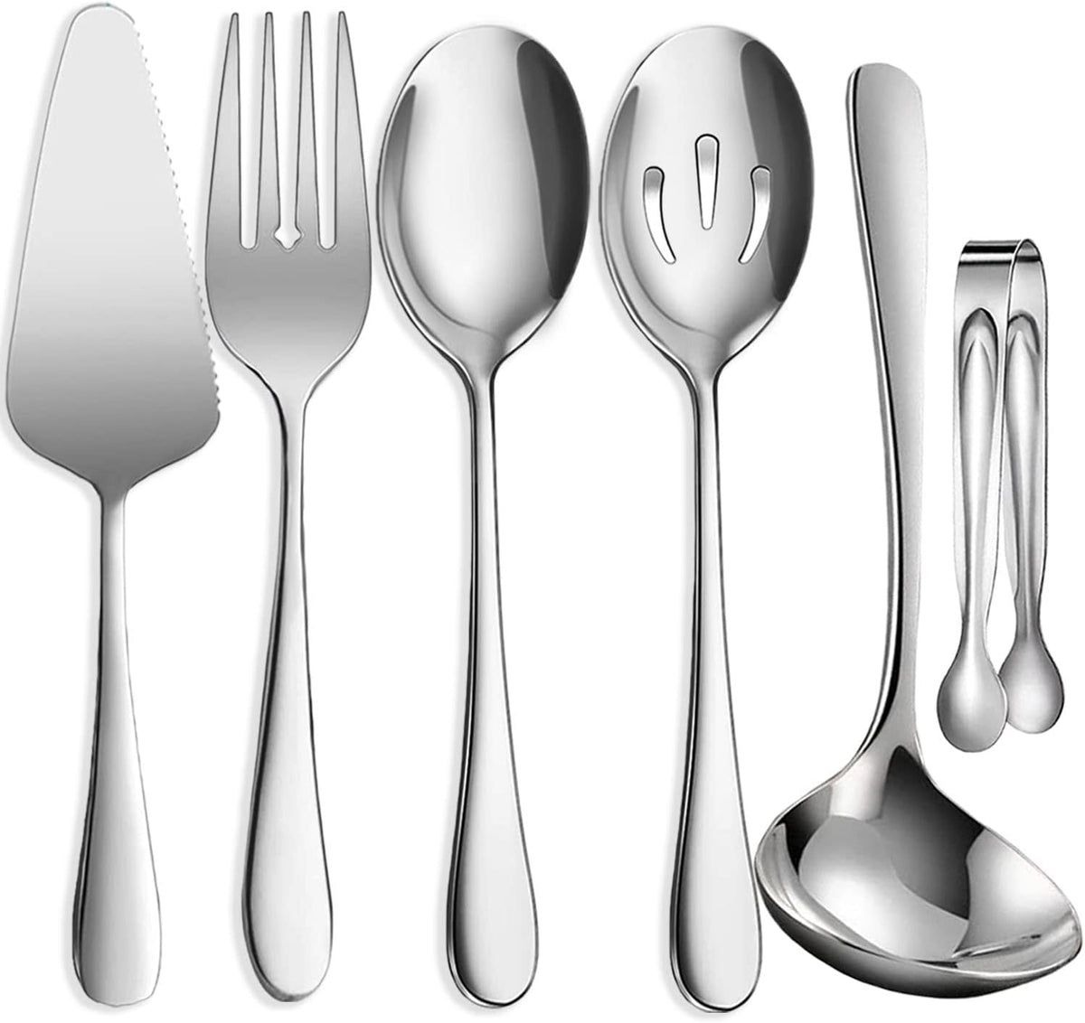 6 PCS Stainless Steel Serving Utensils, Large Serving Spoons Slotted Spoons, Forks, Ice Suger Tongs, Cake Server, Soup Ladle, Metal Utensils Set Great for Buffet Catering Banquet Party, Silver