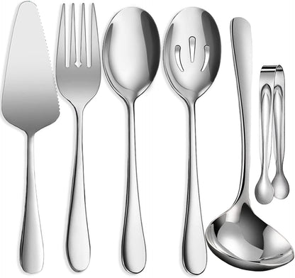 6 PCS Stainless Steel Serving Utensils, Large Serving Spoons Slotted Spoons, Forks, Ice Suger Tongs, Cake Server, Soup Ladle, Metal Utensils Set Great for Buffet Catering Banquet Party, Silver