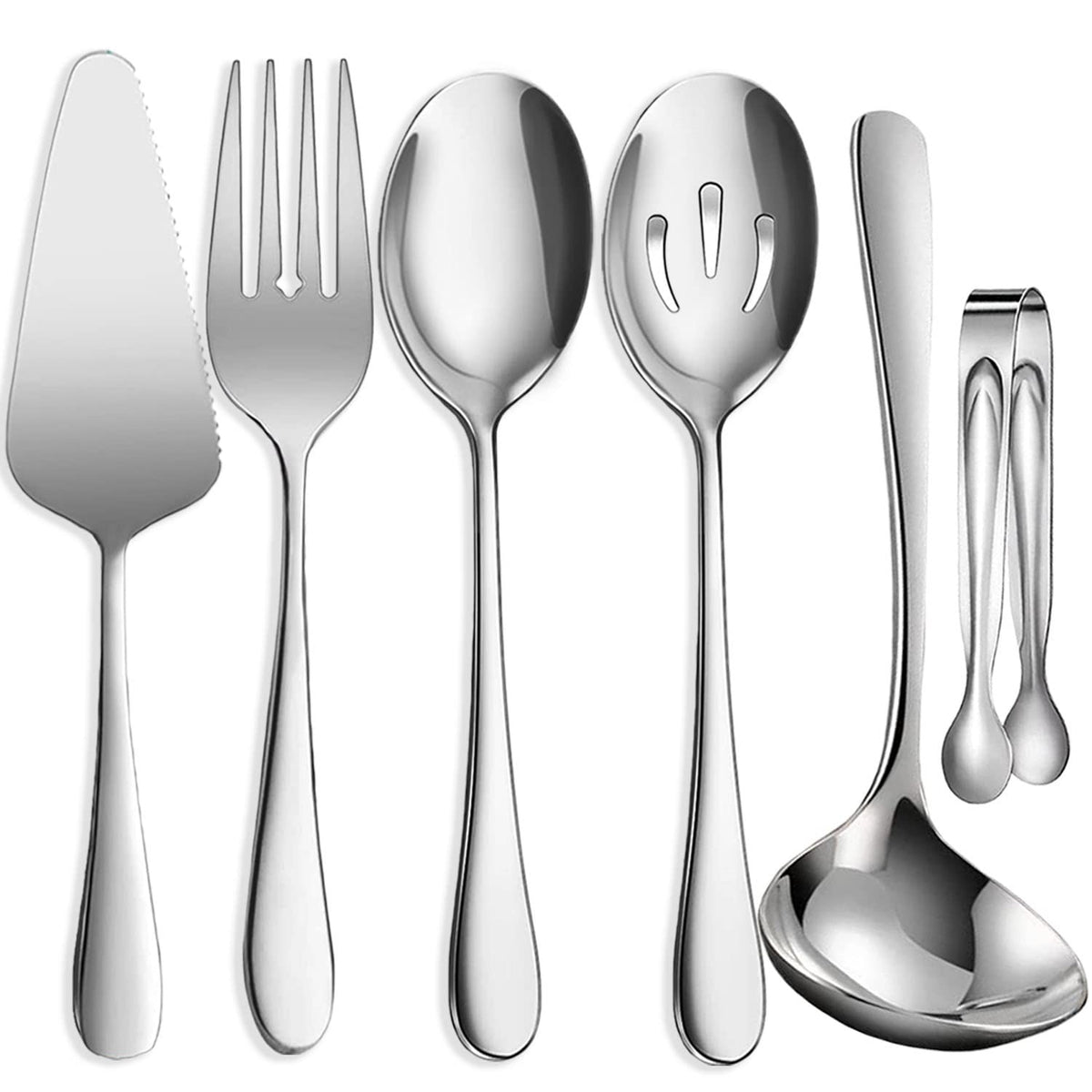 6 PCS Stainless Steel Serving Utensils, Large Serving Spoons Slotted Spoons, Forks, Ice Suger Tongs, Cake Server, Soup Ladle, Metal Utensils Set Great for Buffet Catering Banquet Party, Silver