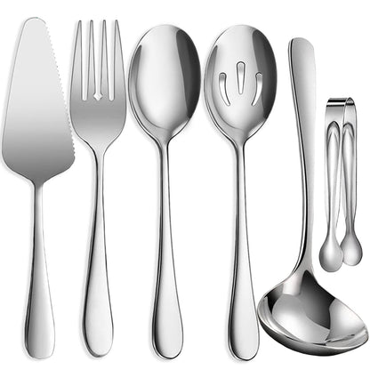6 PCS Stainless Steel Serving Utensils, Large Serving Spoons Slotted Spoons, Forks, Ice Suger Tongs, Cake Server, Soup Ladle, Metal Utensils Set Great for Buffet Catering Banquet Party, Silver