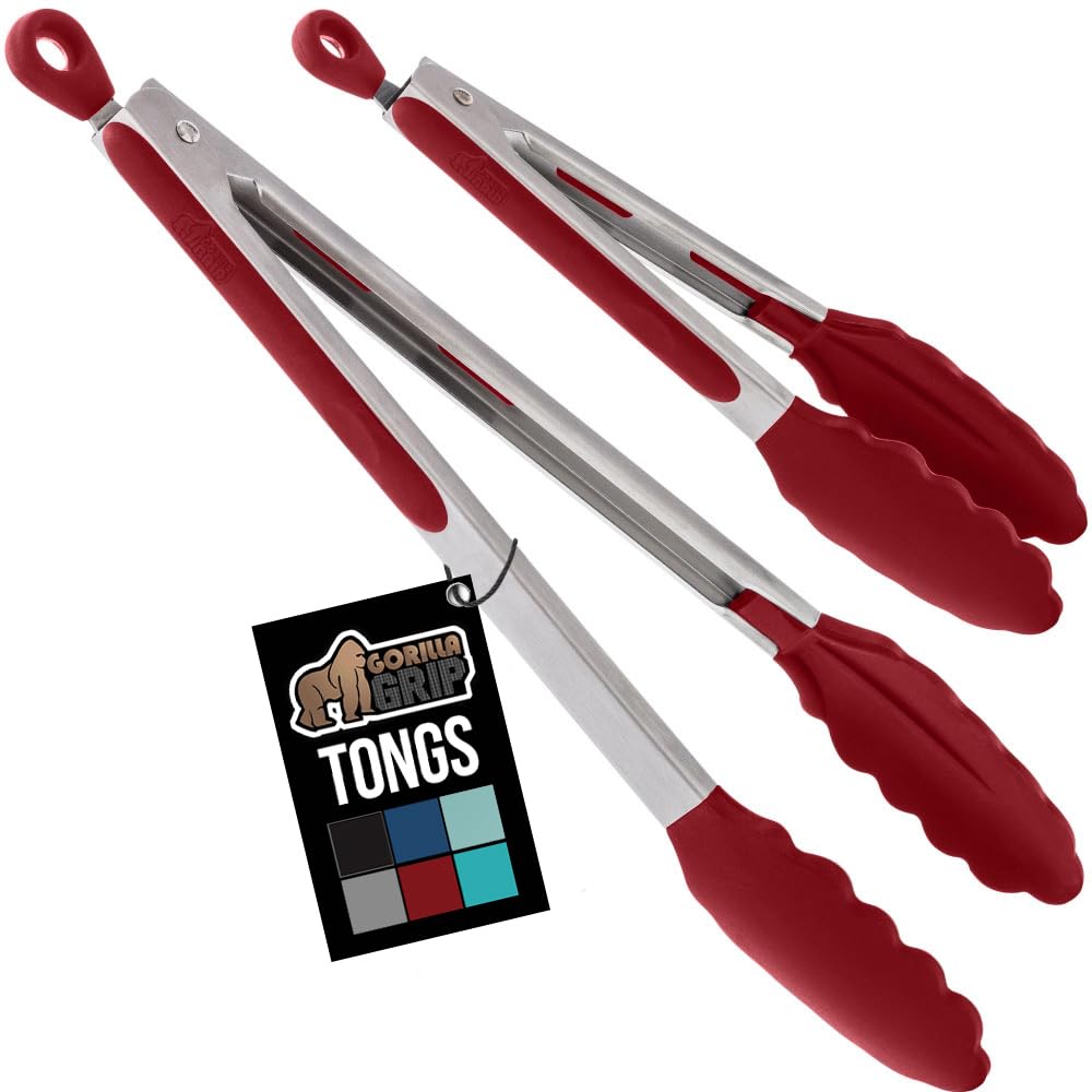 GORILLA GRIP Stainless Steel Kitchen Tongs for Cooking, 2 PK, Black