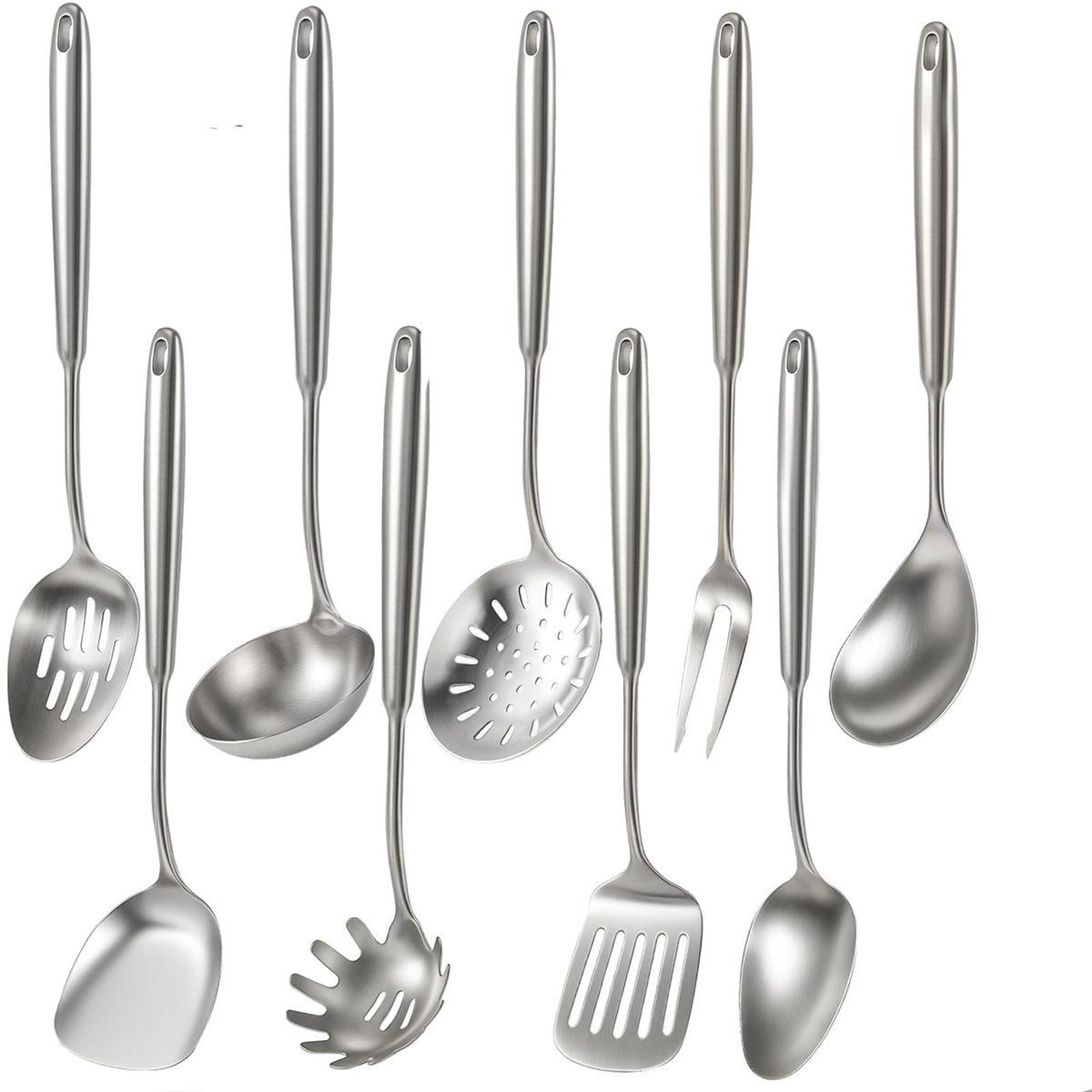 Newness 10 Pcs Cooking Utensils Set,18/8 304 Stainless Steel Kitchen Utensils Set, Metal Kitchen Accessories, Include Soup Ladle, Slotted Skimmer Spoon, Spaghetti Spoon, Spatula, Tongs,Dishwasher Safe