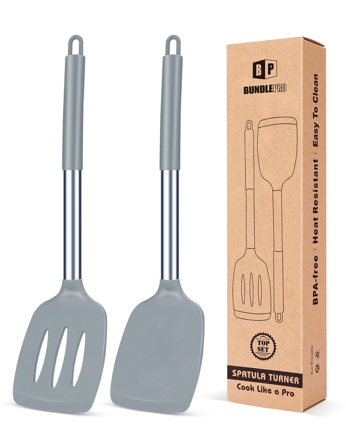 Pack of 2 Silicone Solid Turner, Non Stick Slotted Kitchen Spatulas, High Heat Resistant BPA Free Cooking Utensils, Ideal Cookware for Fish, Eggs, Pancakes(Black)
