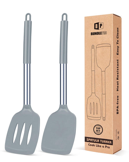Pack of 2 Silicone Solid Turner, Non Stick Slotted Kitchen Spatulas, High Heat Resistant BPA Free Cooking Utensils, Ideal Cookware for Fish, Eggs, Pancakes(Black)
