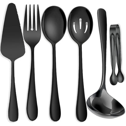 6 PCS Stainless Steel Serving Utensils, Large Serving Spoons Slotted Spoons, Forks, Ice Suger Tongs, Cake Server, Soup Ladle, Metal Utensils Set Great for Buffet Catering Banquet Party, Silver