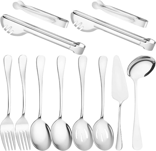 12 Pcs Silver Serving Utensils Set - Stainless Steel Large Serving Spoons, Slotted Spoons, Forks, Tongs, Soup Ladle & Pie Server - Metal Buffet Utensils for Parties, Catering, Wedding, Dishwasher Safe