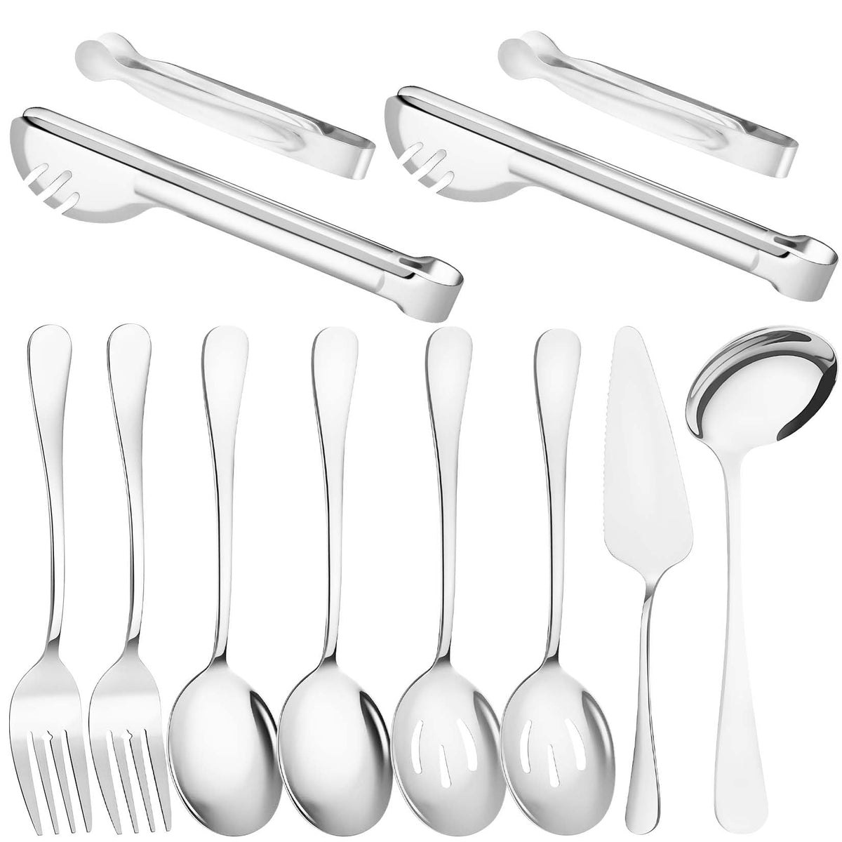 12 Pcs Silver Serving Utensils Set - Stainless Steel Large Serving Spoons, Slotted Spoons, Forks, Tongs, Soup Ladle & Pie Server - Metal Buffet Utensils for Parties, Catering, Wedding, Dishwasher Safe