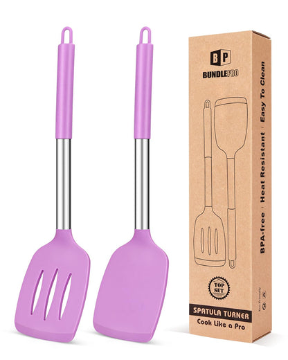 Pack of 2 Silicone Solid Turner, Non Stick Slotted Kitchen Spatulas, High Heat Resistant BPA Free Cooking Utensils, Ideal Cookware for Fish, Eggs, Pancakes(Black)