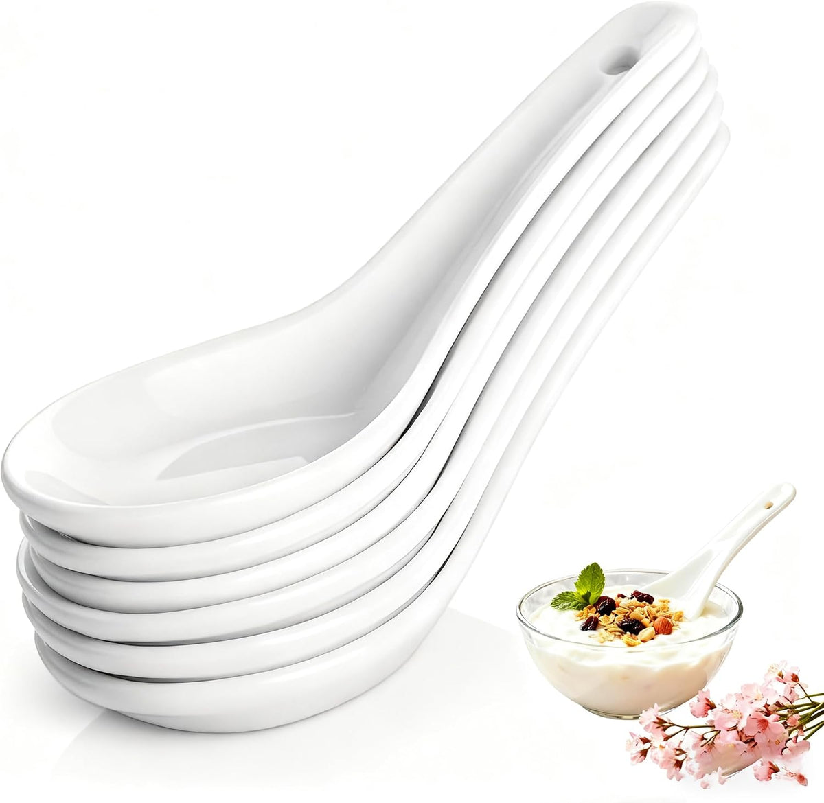 Soup Spoons Set of 6, Asian Ceramic Soup Spoons 5.3" Ramen Spoons