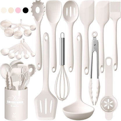 Umite Chef 22-Piece Silicone Cooking Utensils Set，Heat Resistant & Dishwasher Safe Kitchen Tools, Black Non-Scratch Spatula Set for Nonstick Cookware (Khaki)