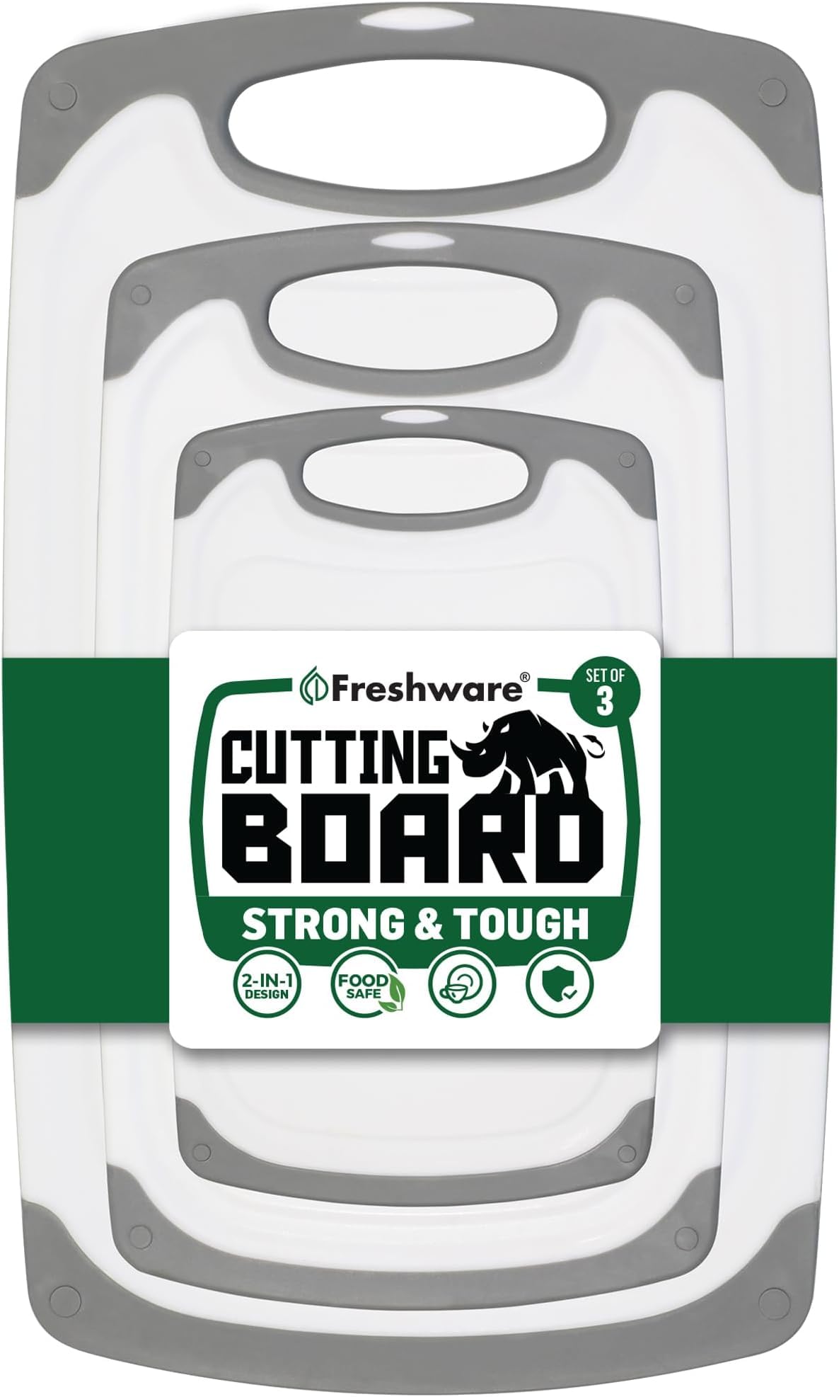 Freshware Cutting Boards for Kitchen, Chopping Board 3-Pack with Different Sizes, Juice Grooves and Non Slip Handles - Reversible, Large Cutting Board Set - Dishwasher Safe - Gray