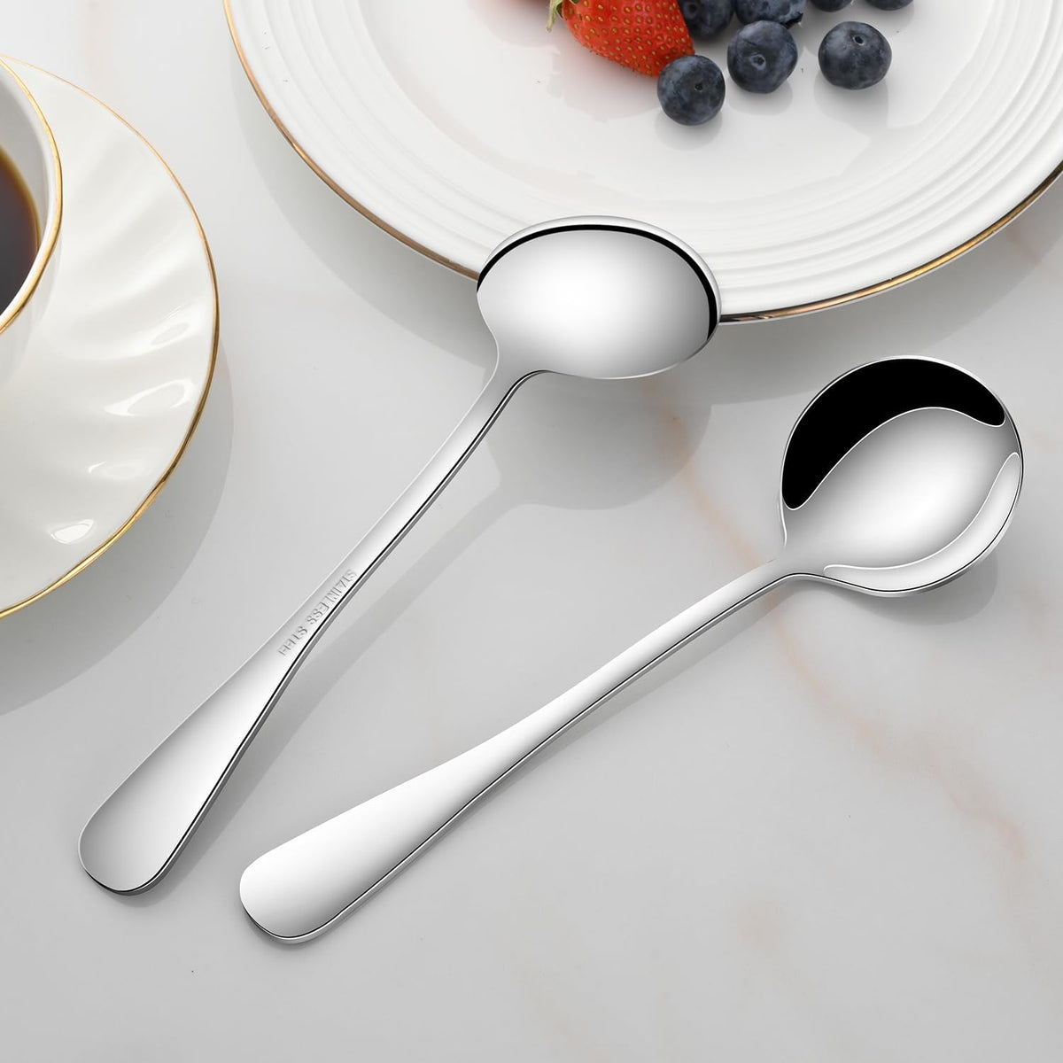 Round Soup Spoons Set of 8, 7.4 Inch Classic Metal Kitchen Silverware Spoons, Mirror Polished Stainless Steel Spoons for Cereal, Dessert