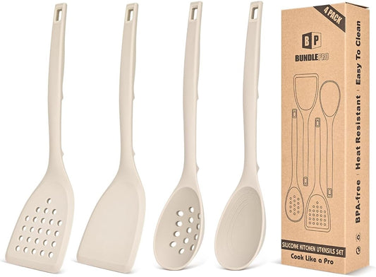 BUNDLEPRO Silicone Cooking Utensils Set, 4 Pcs Spatula and Spoon Set, Khaki