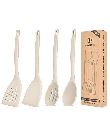 BUNDLEPRO Silicone Cooking Utensils Set, 4 Pcs Spatula and Spoon Set, Khaki